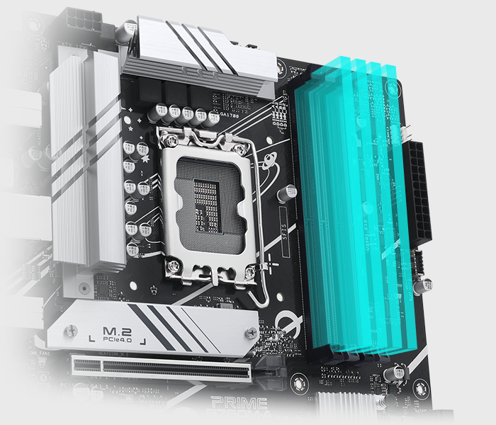 The PRIME B760M-A-CSM comes along with ASUS Enhanced Memory Profile II (AEMP II) to train your memory kit and optimize clock speed to unleash DDR5 performance. Bar chart intro AEMP II profiles that offer up to 37.5% faster RAM speeds than baseline DDR5 specs.